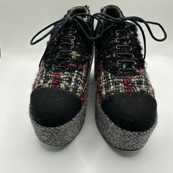 Chanel 15K Lace up Multicolor Sz 35 1/2 US 5 1/2 Black Tweed  Platform Oxford - Picture 2 of 10